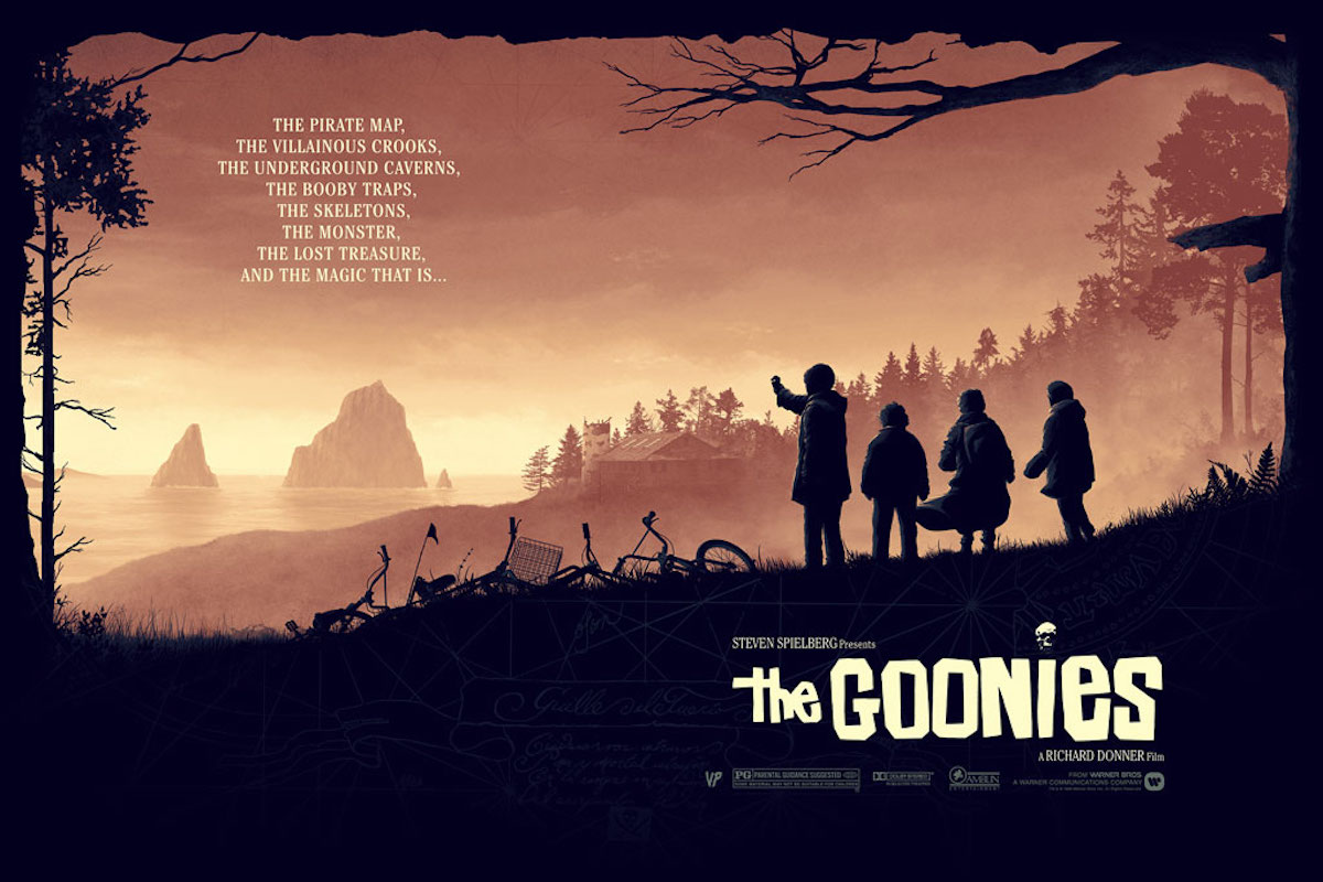 An orange and black poster for The Goonies showing the kids looking out on the sea