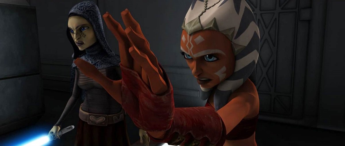 Ahsoka and Barriss Offee fight side by side in Star Wars: The Clone Wars.