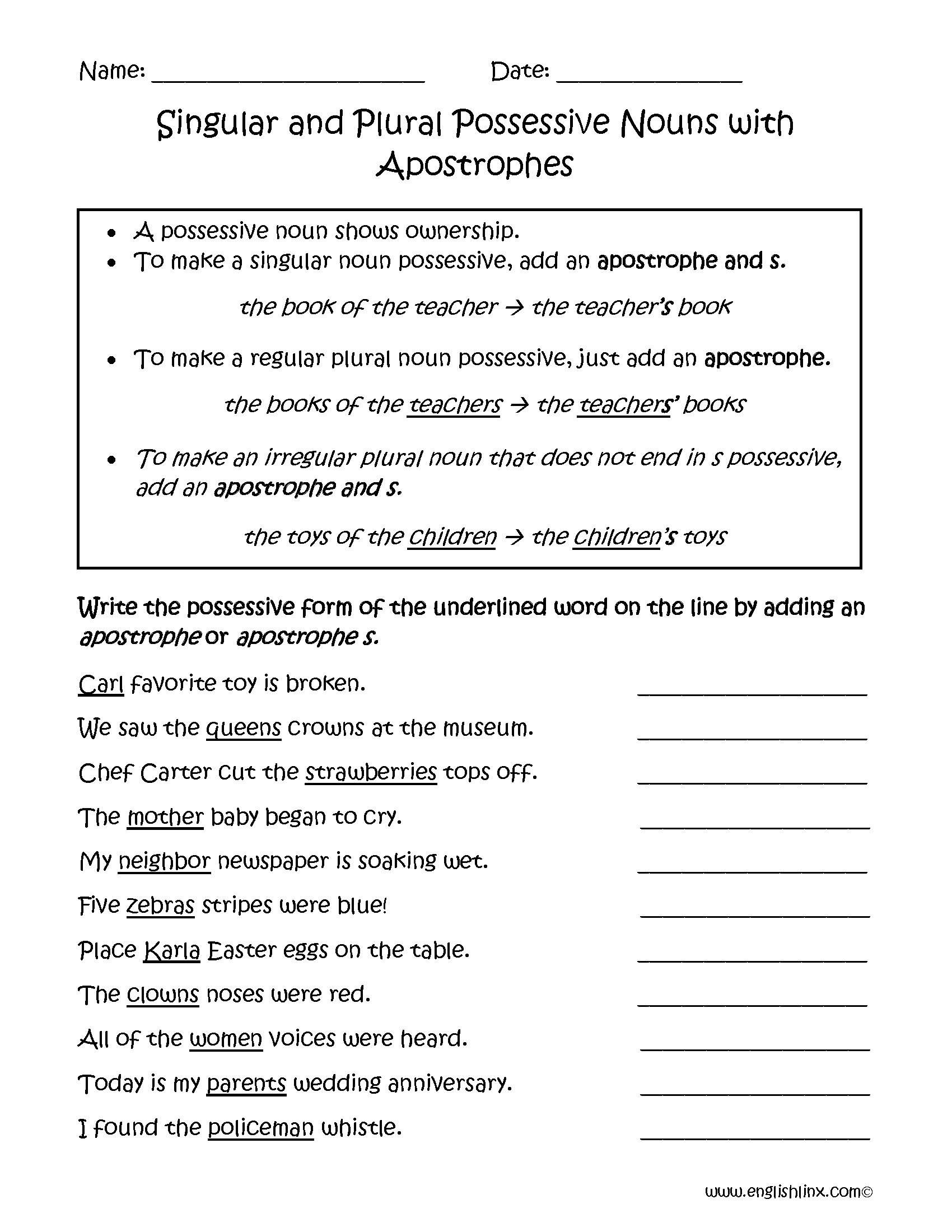 Plural Possessive Nouns Exercises