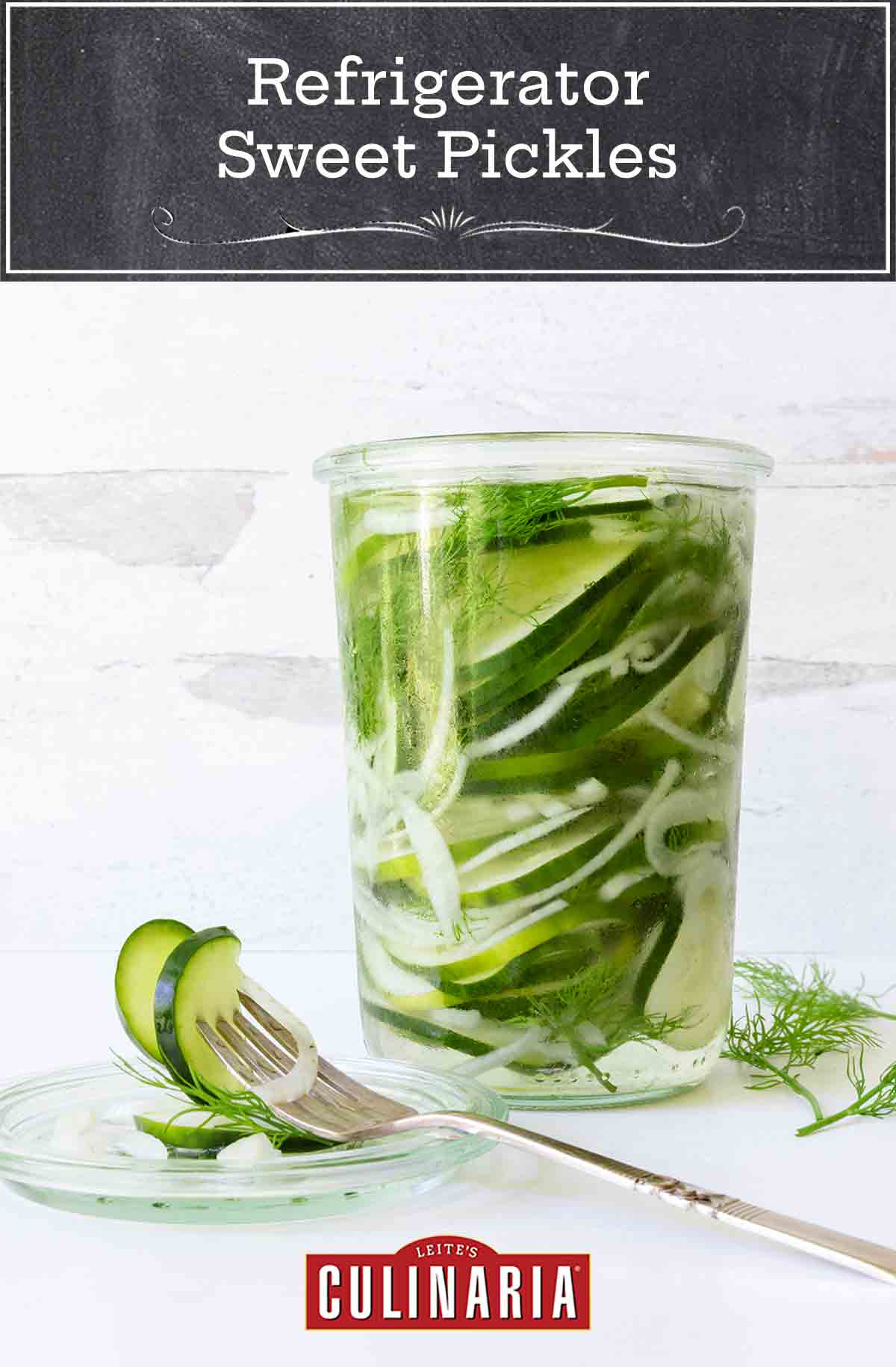 A jar of refrigerator sweet pickles with a fork holding two pickles lying beside the jar.