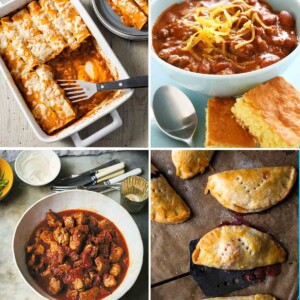 A dish of chicken enchiladas, a bowl of chili topped with cheese, a bowl of pork tinga, and three fruit-filled hand pies on a baking sheet.