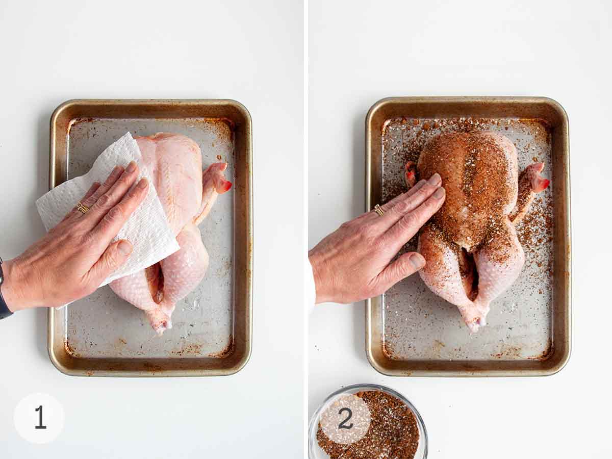 A person patting a chicken dry with paper towel and a person rubbing a whole chicken with spice blend.