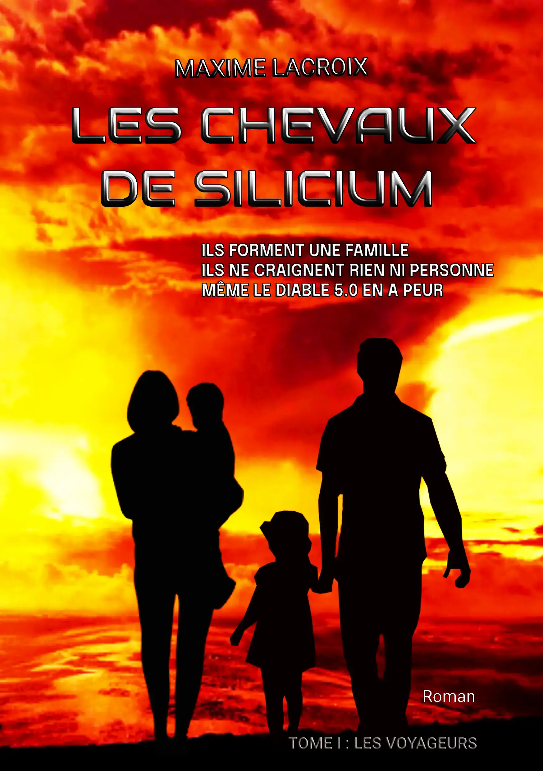 La couverture du livre 'Les chevaux de silicium', une création qui s'intègre aux genres épouvante et fantastique du monde du livre. Cette illustration combine atmosphère angoissante et intrigue, idéale pour attirer l'œil des lecteurs.