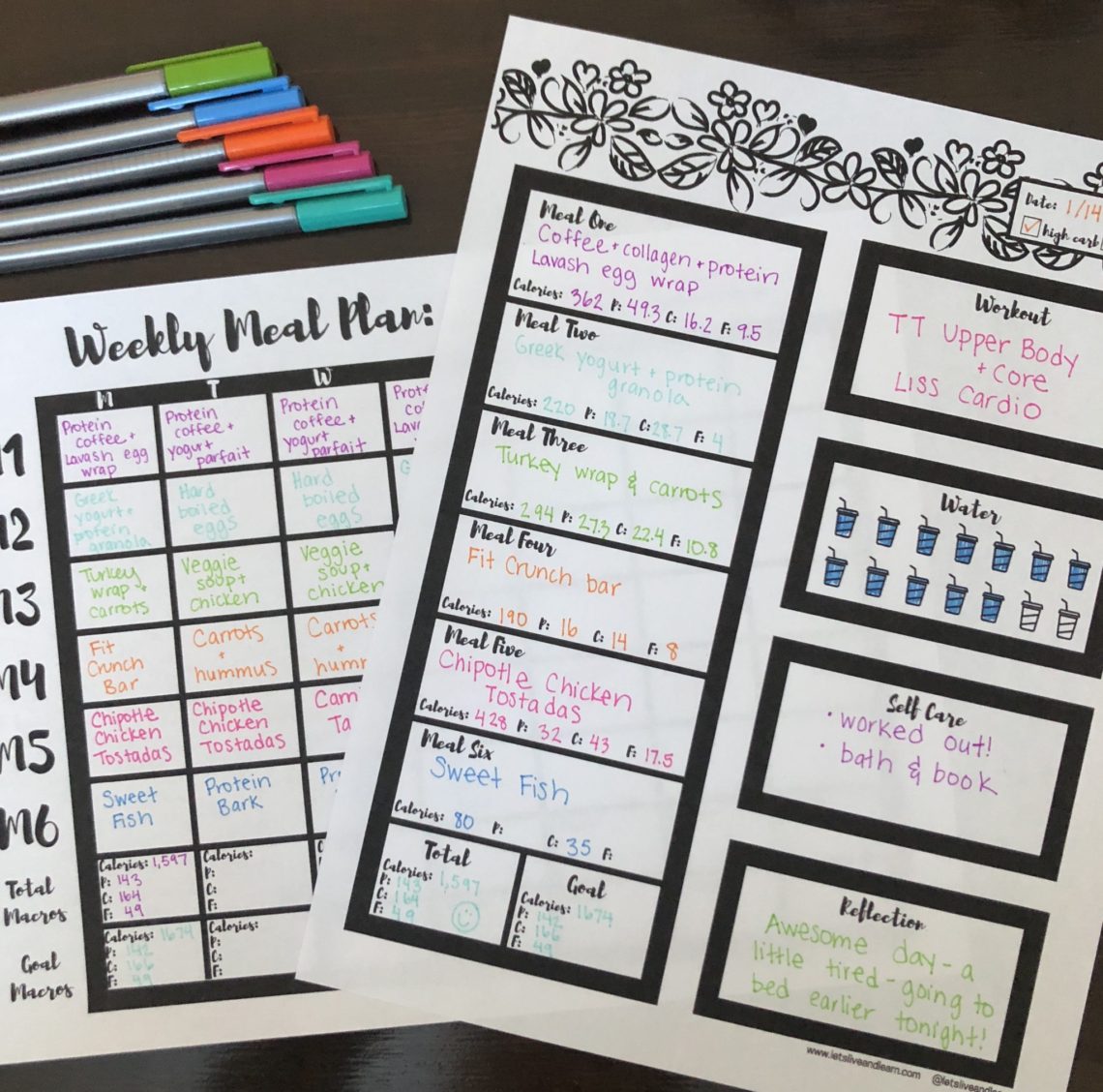 Free printable macro meal plan templates to use when planning out your meals for the week! Track your meals, macros, water, workout, self care and more! #iifym #macros #tightertogether