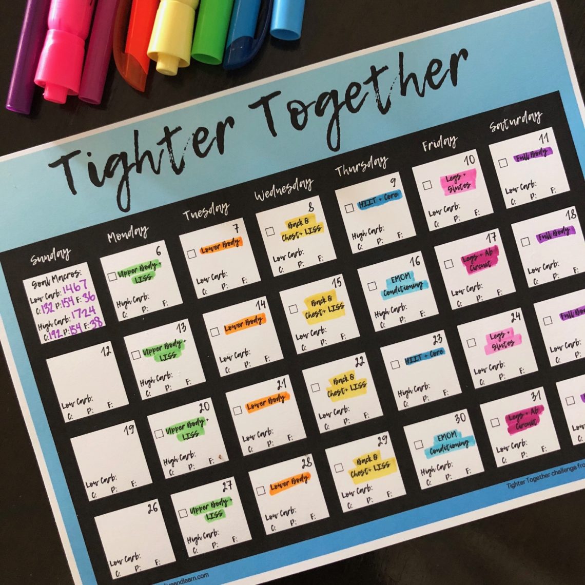 Free printable calendar for Madeline Move's Tighter Together Challenge