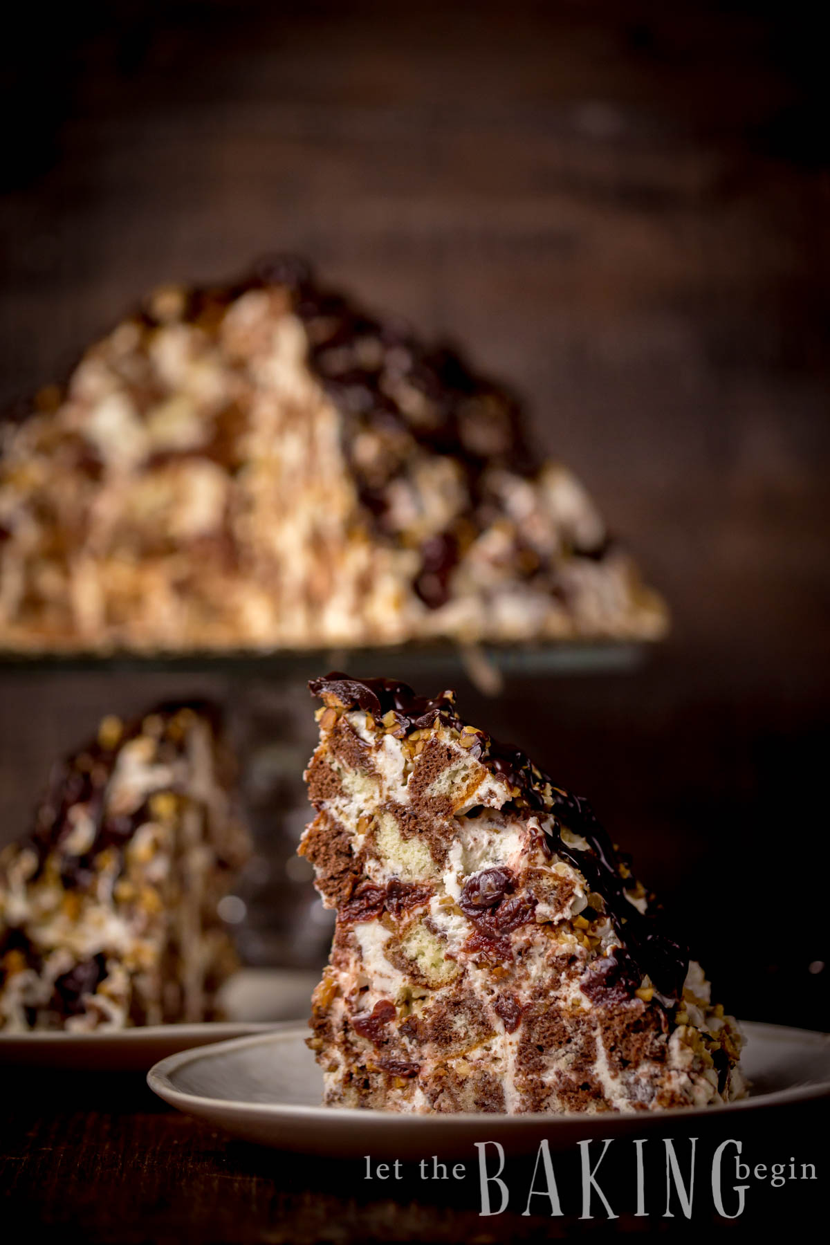 Slice of marble cake topped with chocolate on a white plate. 