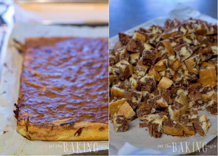 How to remove cake once baked and cut into 1-inch cubes.