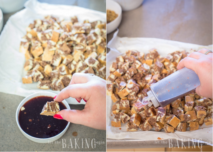 How to soak cubed cake slices into cherry juice by either dipping each piece or using a squeeze bottle or spoon. 