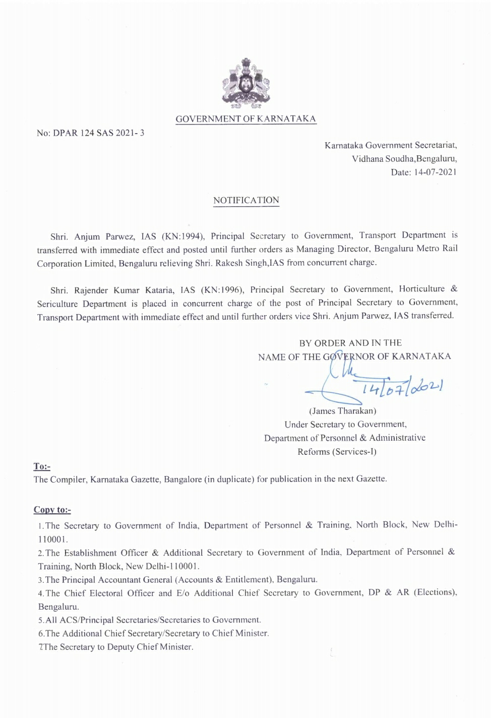 Transfer Notification of IAS Officers 14-07-2021 | JNANALOKA