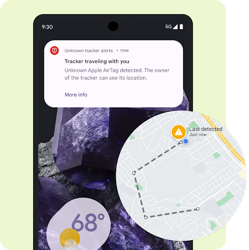 A close up of the top right part of an Android phone with a notification of unfamiliar tracking devices along with a map showing distance of the device.