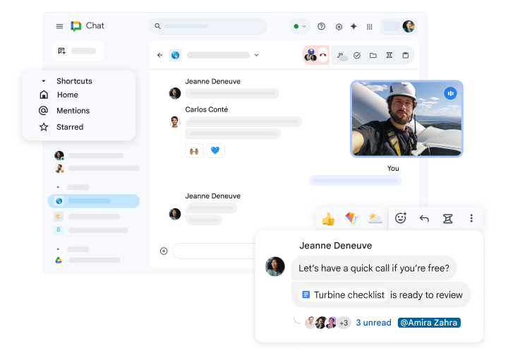 Página do Google Chat que destaca atalhos, uma videochamada em andamento e uma conversa no chat com link para um documento Google, com reações e respostas disponíveis.