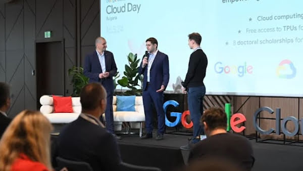 Boris Georgiev, Prof. Martin Vechev, and Slav Petrov  announcing a new investment to INSAIT at Google Cloud Day in Bulgaria.