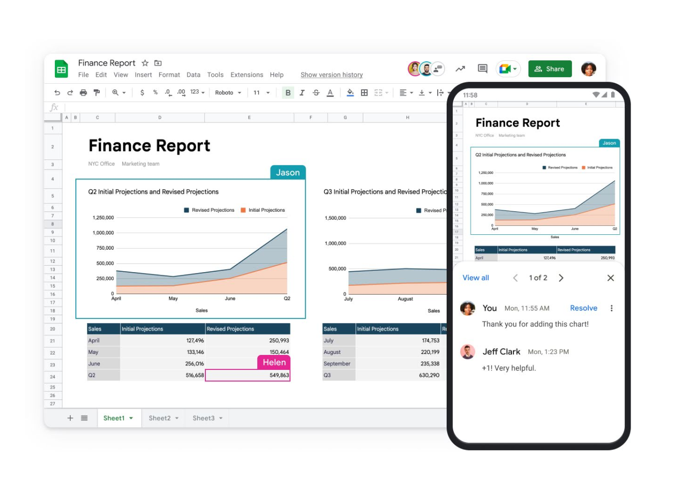 جدول بيانات Google بعنوان Finance Report يظهر على كمبيوتر محمول وشاشة جهاز جوّال 