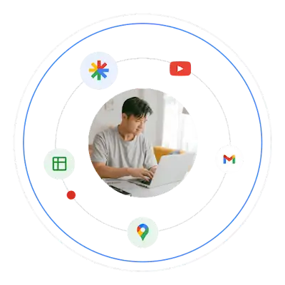 一個正在使用筆電的年輕男子，周圍環繞著 Google 產品標誌。