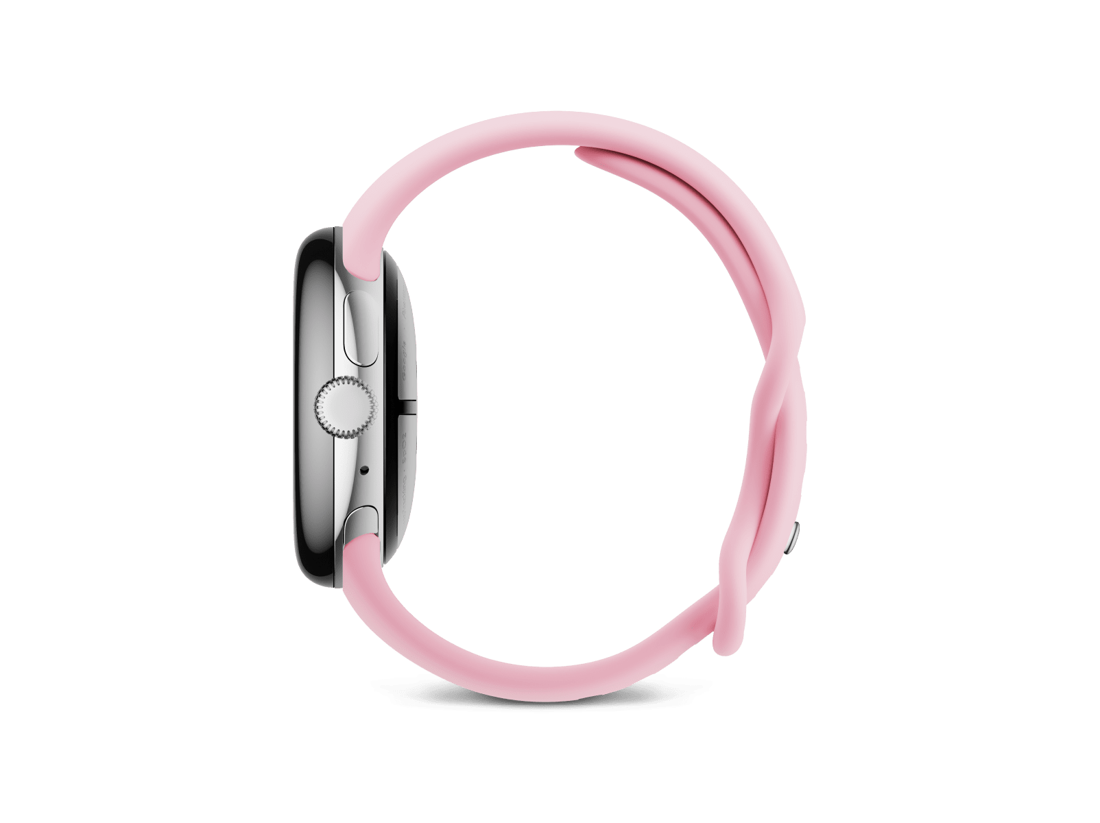 Side view of the Pixel Watch 3 41mm with Polished Silver Aluminum Case / Rose Quartz Active Band