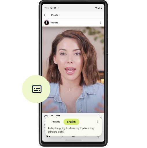 Android phone open to a post from Sephora on Instagram's main feed. Video of a white woman with short hair talking. Android's Live Caption is on and overlays text on the phone with spoken words appearing in English, "Today I'm going to share my top trending skincare picks.