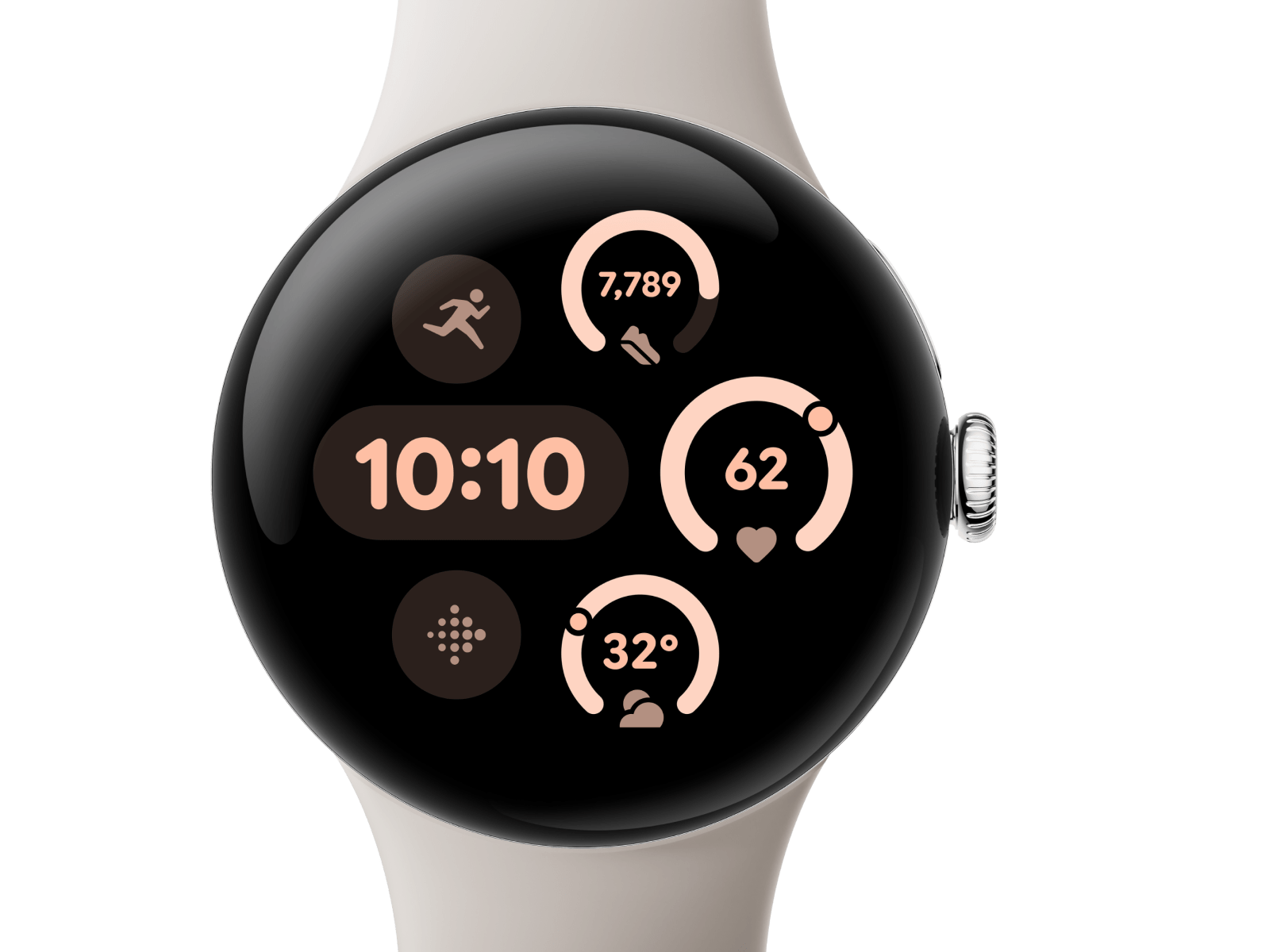 Front view of the Pixel Watch 3 41mm with Polished Silver Aluminum Case / Porcelain Active Band