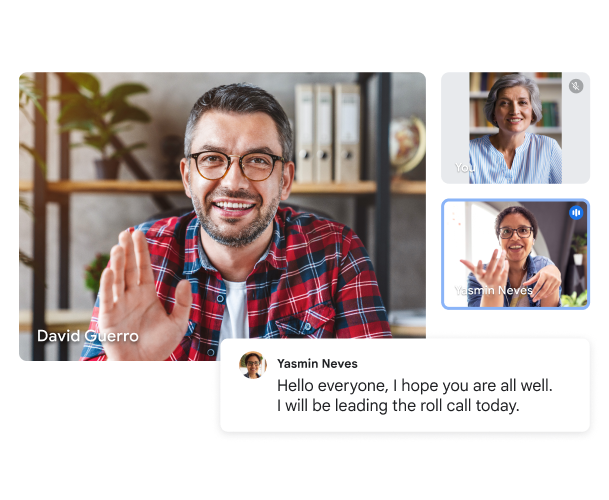 Videollamada de Google Meet que muestra a tres usuarios, con una transcripción en directo que reza "¡Hola a todos! Espero que estéis bien. Hoy me encargo yo de pasar lista". 
