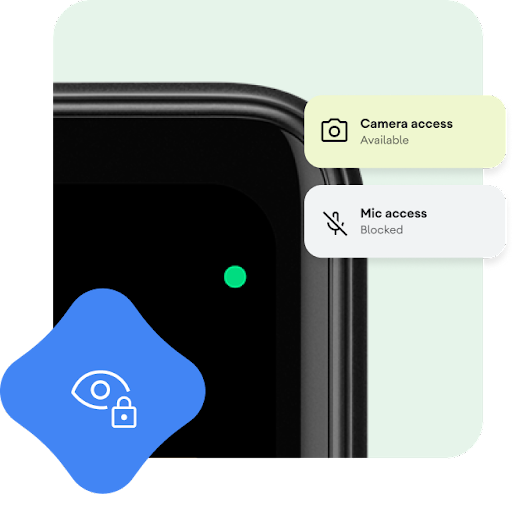 A close-up of the top right part of an Android phone with a green dot close to the corner of the screen. Graphic overlays say camera access available and mic access blocked. Along with an icon of an eye with a lock symbol.