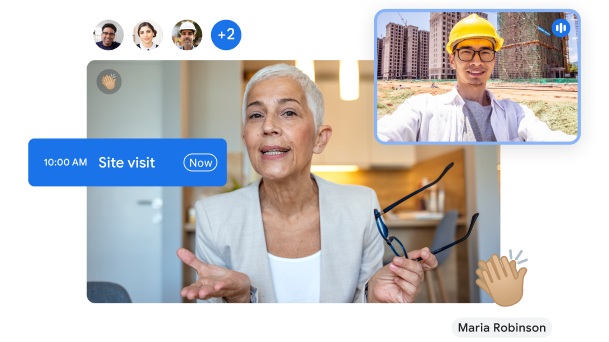 Une femme dans un bureau et un ouvrier sur un chantier lors d'un appel vidéo Google Meet