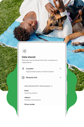 Uma pessoa deitada numa manta, na relva, com o cão de assistência. Está a usar o telemóvel Android. Uma sobreposição gráfica do contorno de um telemóvel Android é parcialmente apresentada sobre a imagem. Contém detalhes de dados partilhados com apps, incluindo dados de localização e informações pessoais. Juntamente com uma secção que mostra a finalidade da partilha dos dados.