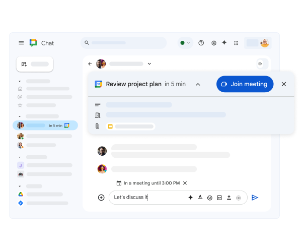 Google Chat mostrando a próxima reunião no app Agenda com um link para participar.