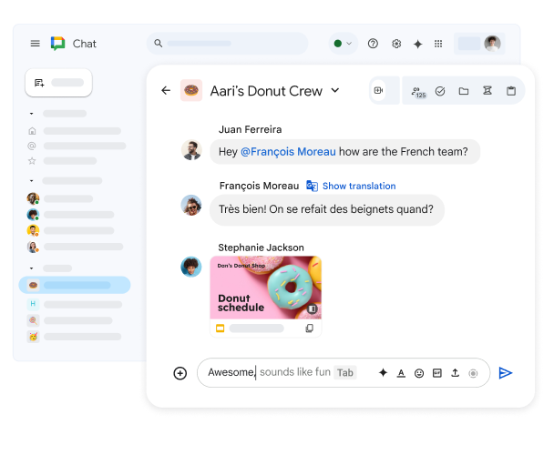 Egy „Dan fánkbrigádja” nevű Google Chat-projektterület, ahol egy megosztott Google Diák-diasorozat és egy francia nyelvű üzenetet látható a fordítás megjelenítésének lehetőségével.