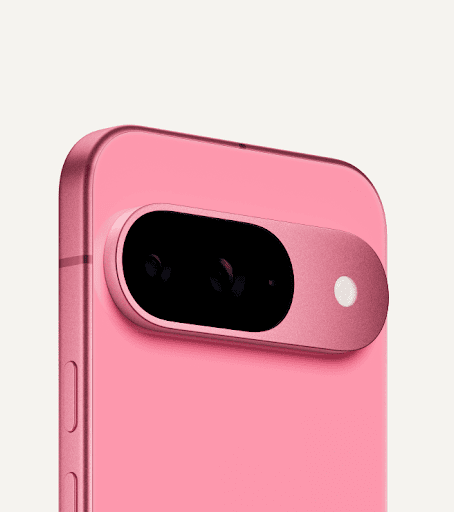 The top third of the back of Pixel 9 in Peony color.