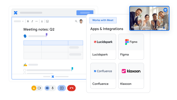 Uma equipe colabora virtualmente usando o Meet com apps e integrações, como Lucidspark, Figma, Confluence e Klaxoon.