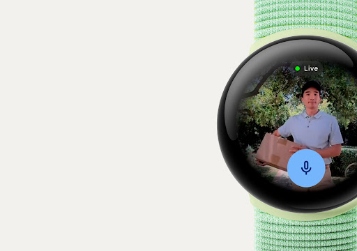 The screen of the Google Pixel Watch 3 displaying a Nest Camera feed of a person outside of a front door.