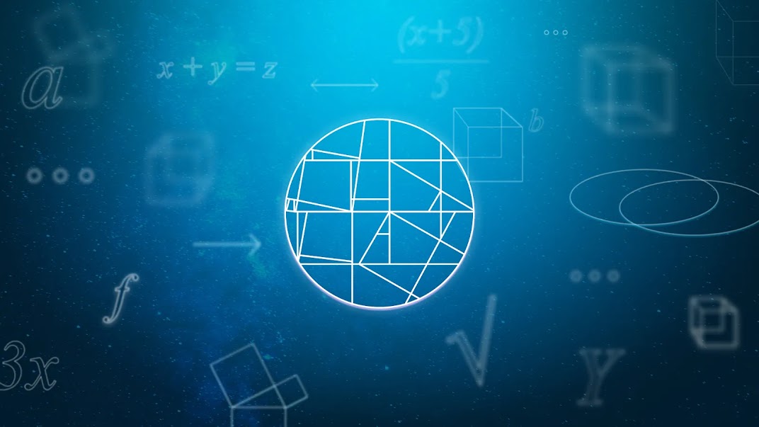 A blue background with faint white outlines of a cube, sphere, and mathematical symbols surrounding a central glowing sphere with lines crisscrossing through it.