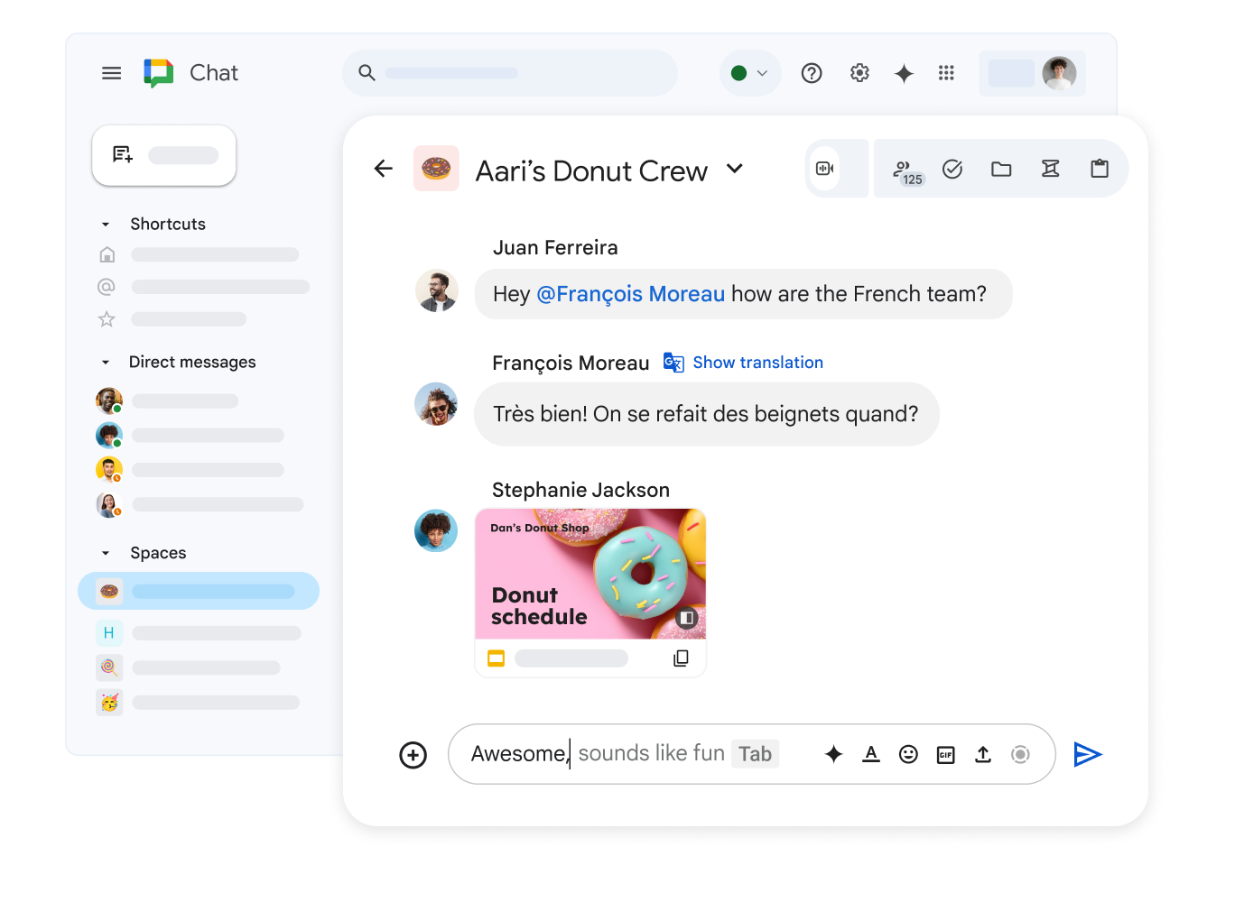 Egy „Dan fánkbrigádja” nevű Google Chat-projektterület, ahol egy megosztott Google Diák-diasorozat és egy francia nyelvű üzenetet látható a fordítás megjelenítésének lehetőségével.