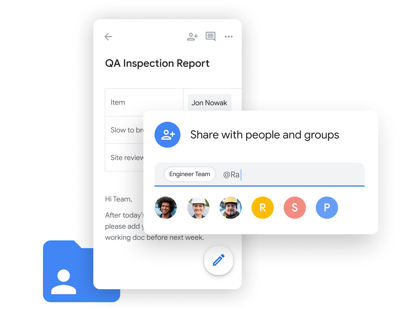 Workspace 说明性图片 - 团队成员通过 Google Chat 顺畅地共享和编辑 Google 表格