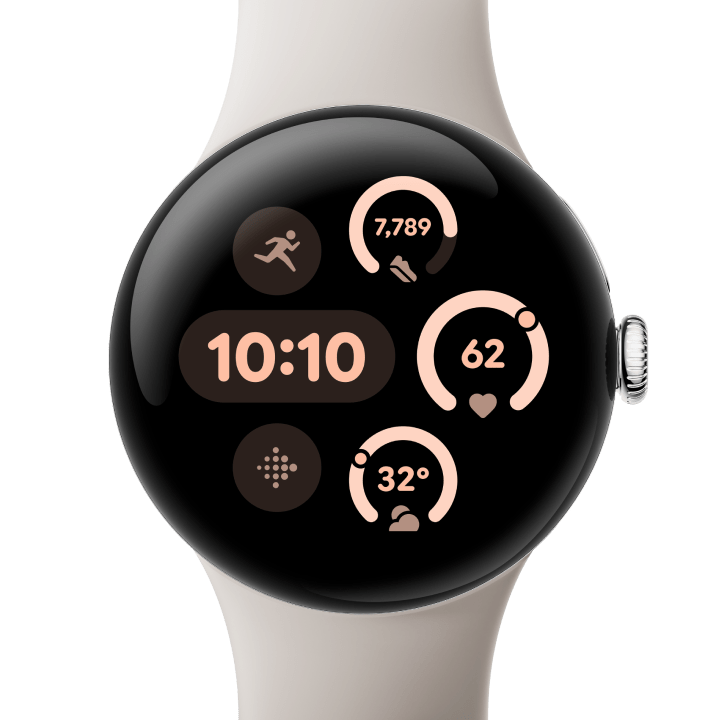 Front view of the Pixel Watch 3 41mm with Polished Silver Aluminum Case / Porcelain Active Band