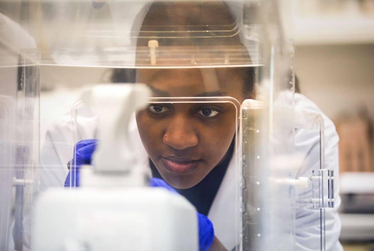 Una chica observa un experimento en un laboratorio.