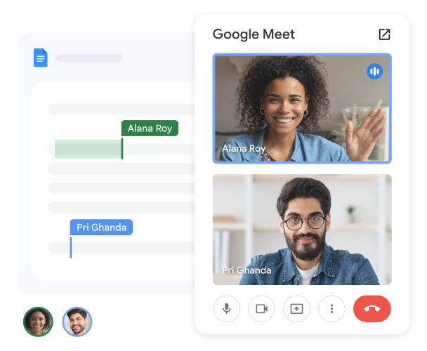 Hai thành viên của nhóm tham gia một cuộc gọi qua Meet trong Tài liệu