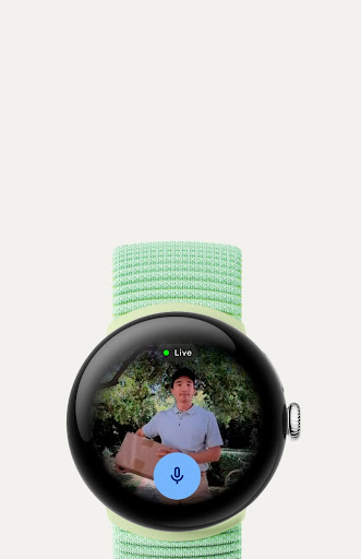 The screen of the Google Pixel Watch 3 displaying a Nest Camera feed of a person outside of a front door.