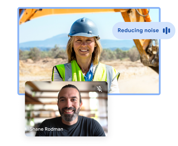 Google Meet video call with one user in living room and one user outdoors, with product UI depicting active noise cancellation. 