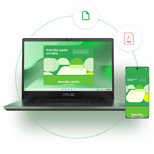 A laptop with a "Share files quickly and safely" screen is connected by a dotted line to a phone displaying a matching screen. Floating document icons indicate file sharing.