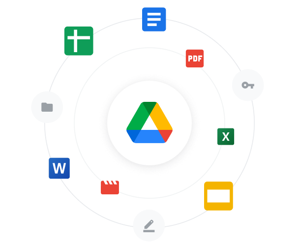 Uma nuvem de logotipos dos produtos mais conhecidos do Google Workspace.