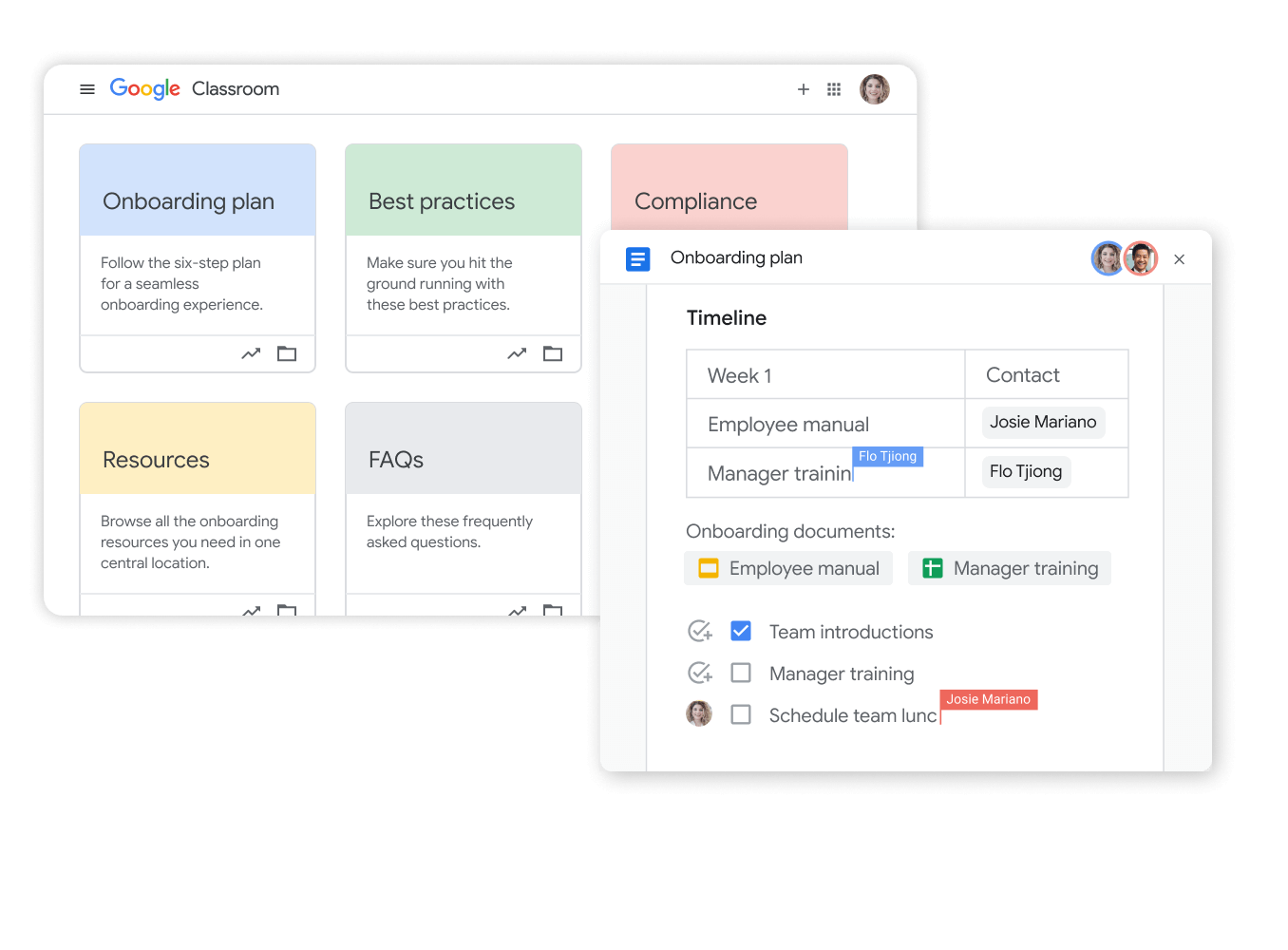 Illustration graphique de l'interface de Google Workspace – collaboration avec des plans de formation au moyen de Disque et de Documents