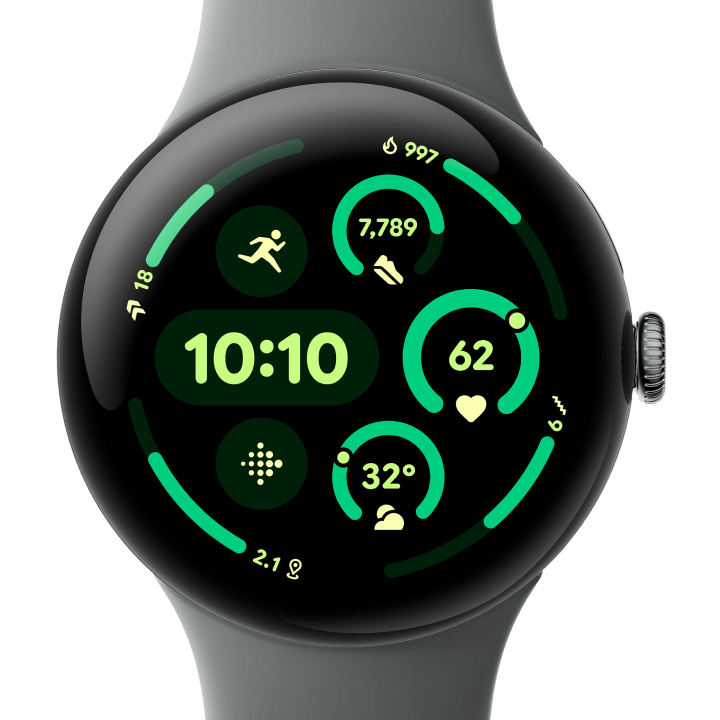 Front view of the Pixel Watch 3 45mm with Matte Hazel Aluminum Case / Hazel Active Band