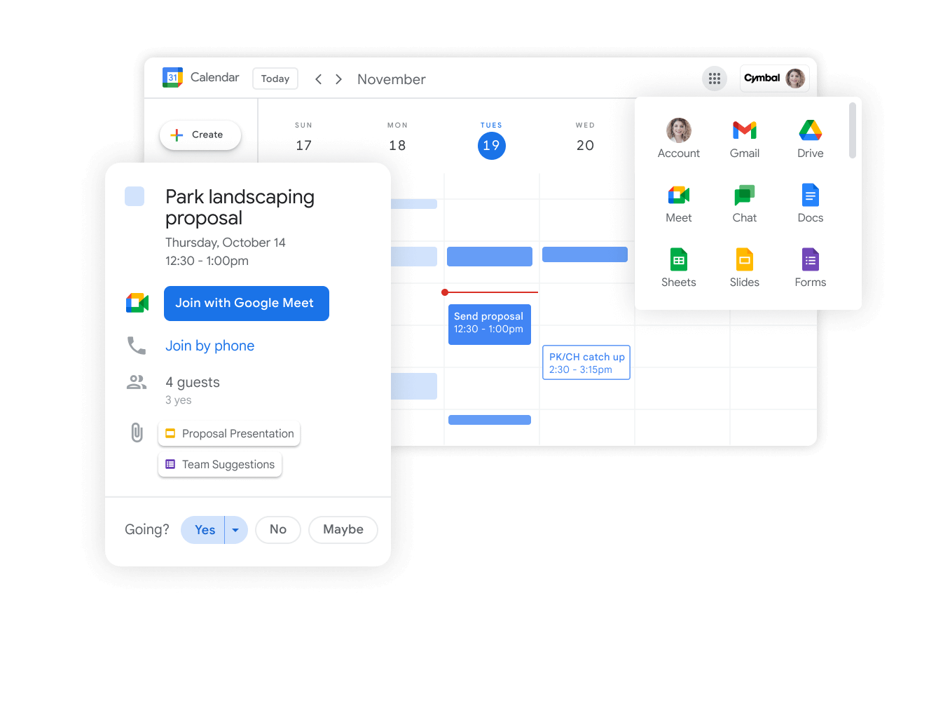 Illustration graphique de l'interface de Google Workspace – modification des invitations d'agenda et autres applications