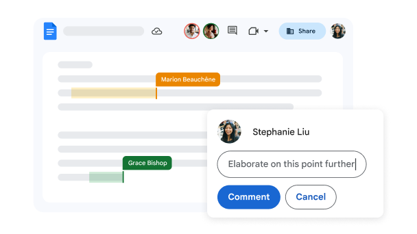 显示有多个作者和多条评论的 Google 文档界面。