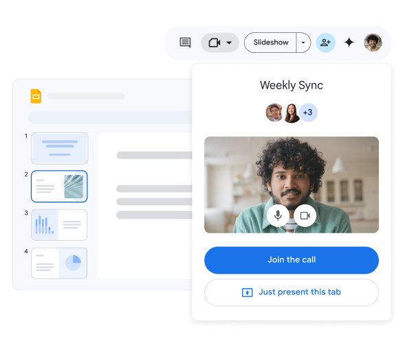 A team member joins a weekly video call from within a Google Slides presentation. 
