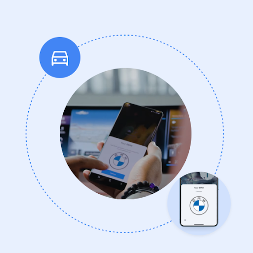Deux mains tiennent un téléphone devant une tablette montée sur le tableau de bord d'une voiture. Un bouton "Connecter" et le logo BMW s'affichent à l'écran. Autour, un cercle en pointillés connecte le logo BMW et l'icône représentant une voiture.