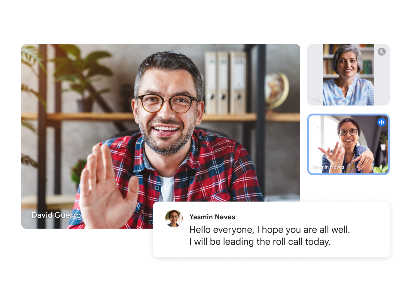 Google Meet ‑videopuhelussa on kolme osallistujaa, ja näytöllä näkyy reaaliaikainen transkriptio "Hello, everyone, I hope you are all well. I will be leading the roll call today." (Hei kaikki, toivottavasti voitte hyvin. Johdan puhelua tänään.) 