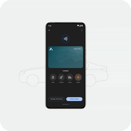 A phone is positioned above a drawing of a car. The phone animates by moving closer to the car front door. As it does, a lock icon appears and unlocks simultaneously with the car door.