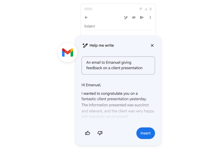 ‫Gemini עוזר למישהו לכתוב הודעת אימייל עם משוב על מצגת ללקוח.
