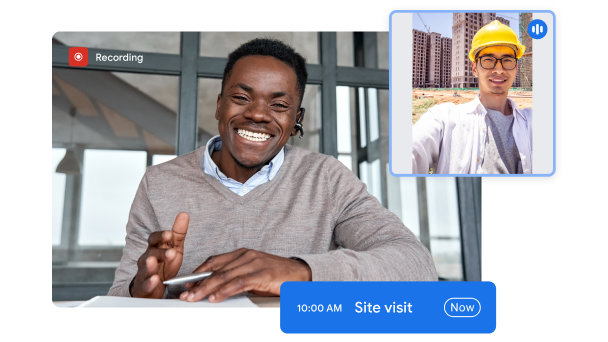 Un hombre llama por Google Meet a un trabajador de la construcción mientras este se encuentra en la obra. 